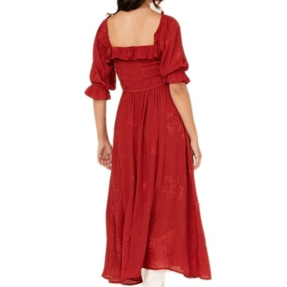 Wild Moss Womens Milk Maid Dress Sz Medium Burgundy Red Smocked Embroidered Boho - Picture 4 of 16